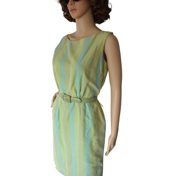 Vintage 60s Handmade Pastel Blue Green Striped Shift Belted Dress Womens Size XS - Picture 3 of 11